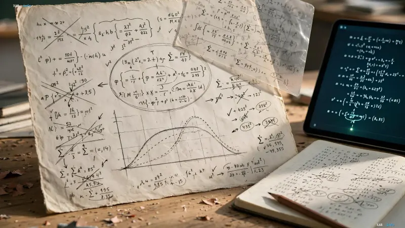 Handwritten complex mathematical formulas and graphs on paper next to a tablet on a desk