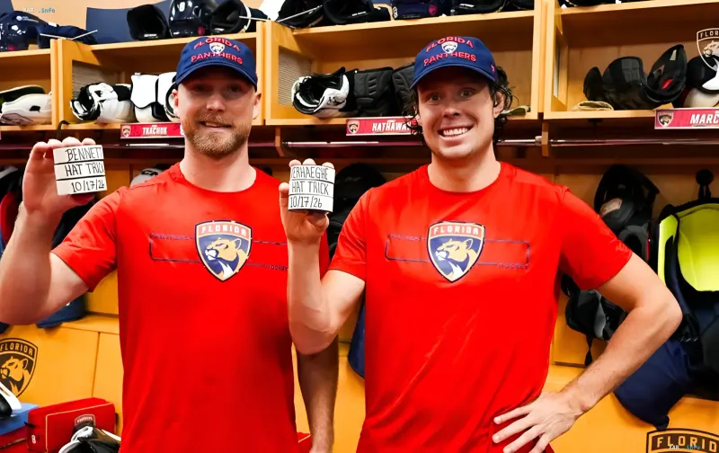 Florida Panthers hockey players holding hat-trick boards in the locker room