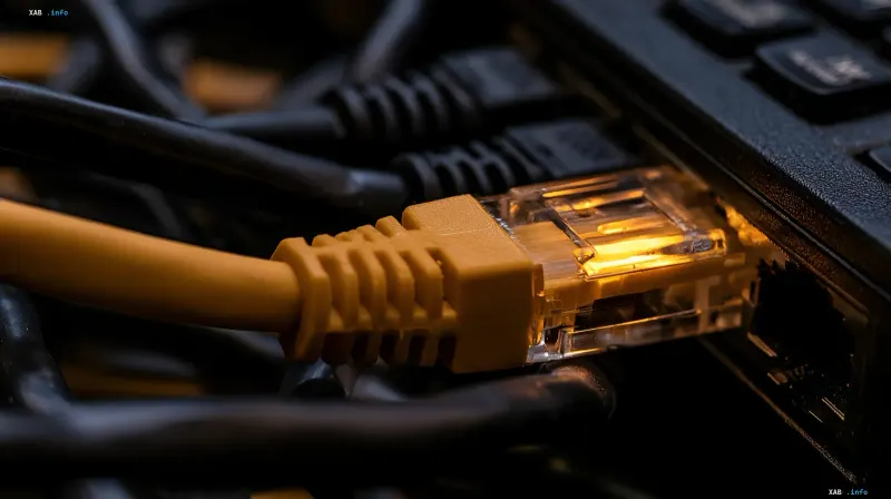Gelbes Ethernet-Patchkabel eingesteckt in einen Network Switch umgeben von vielen anderen schwarzen Kabeln