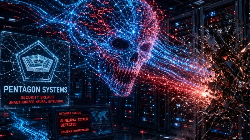Leuchtender neuronaler Schädel attackiert Serverracks in einem Pentagon-Rechenzentrum inmitten digitaler Sicherheitsverletzungen
