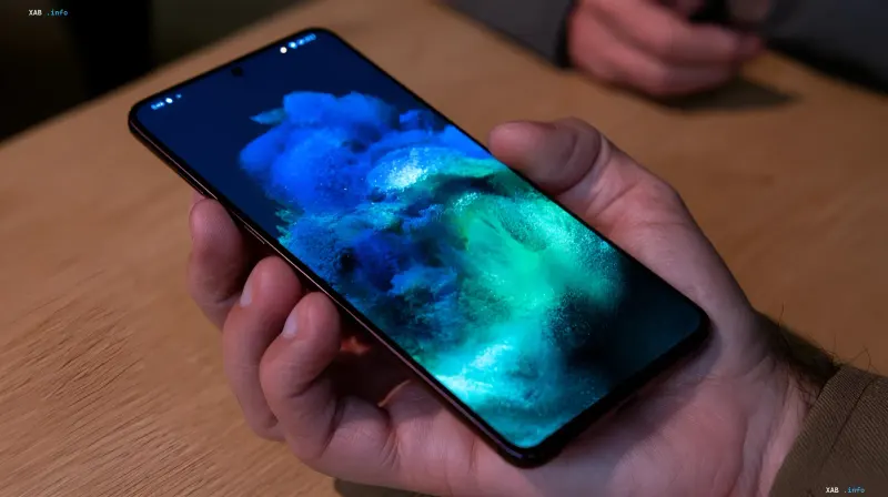 Рука тримає смартфон Samsung Galaxy з увімкненим яскравим абстрактним синьо-зеленим екраном