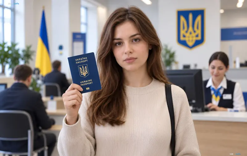Молодая женщина держит украинский загранпаспорт в отделении государственной миграционной службы