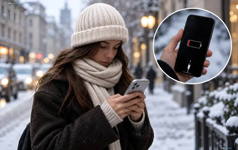 Девушка в зимней одежде на улице проверяет смартфон с разряженным аккумулятором