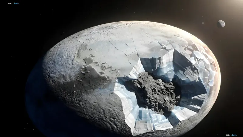 Space illustration of dwarf planet Haumea featuring a massive impact crater, rocky core, and ice mantle in deep space