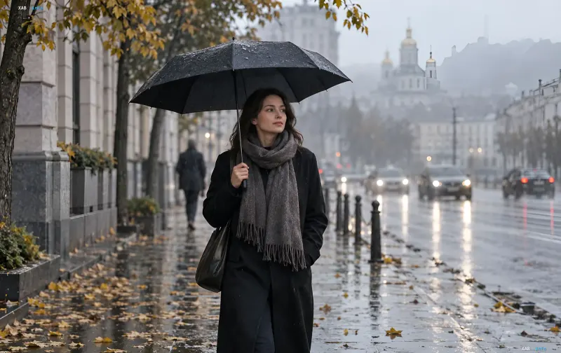 Woman with a black umbrella walking down a rainy autumn city street