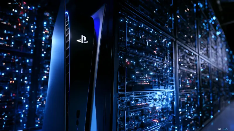 Консоль PlayStation 5 стоит рядом со стойкой серверного оборудования с синей подсветкой