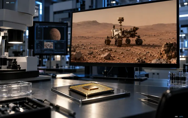 Microchip on a laboratory desk next to a monitor showing a Mars rover against a Martian landscape
