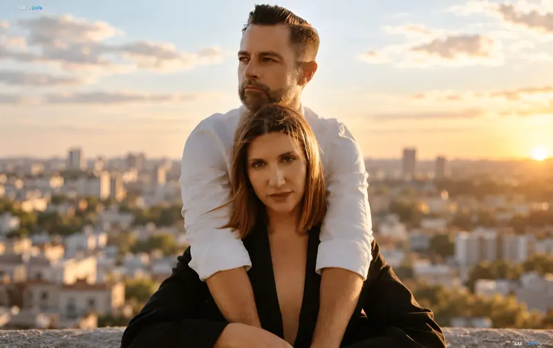 Anita Lutsenko and her partner Fermin Egido embracing against an evening city skyline