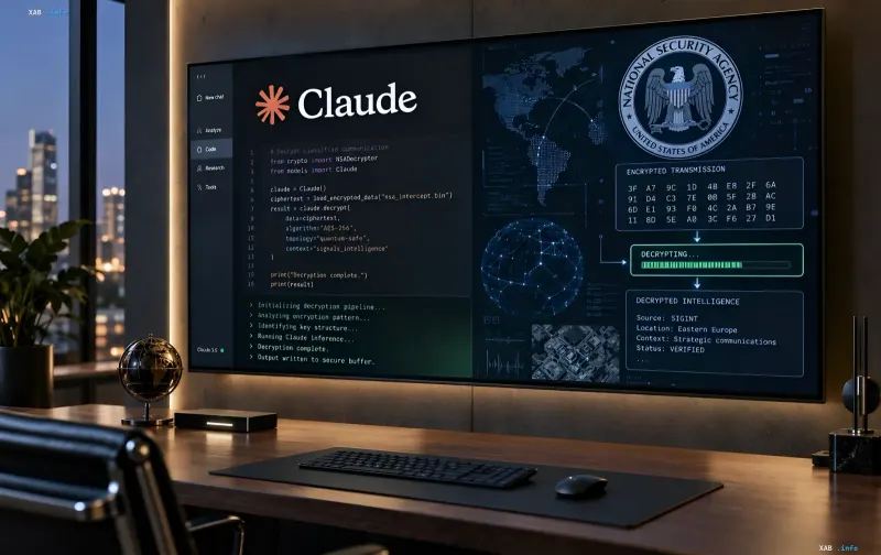 Монитор компьютера с интерфейсом ИИ Claude и панелью национальной безопасности США с зашифрованными данными