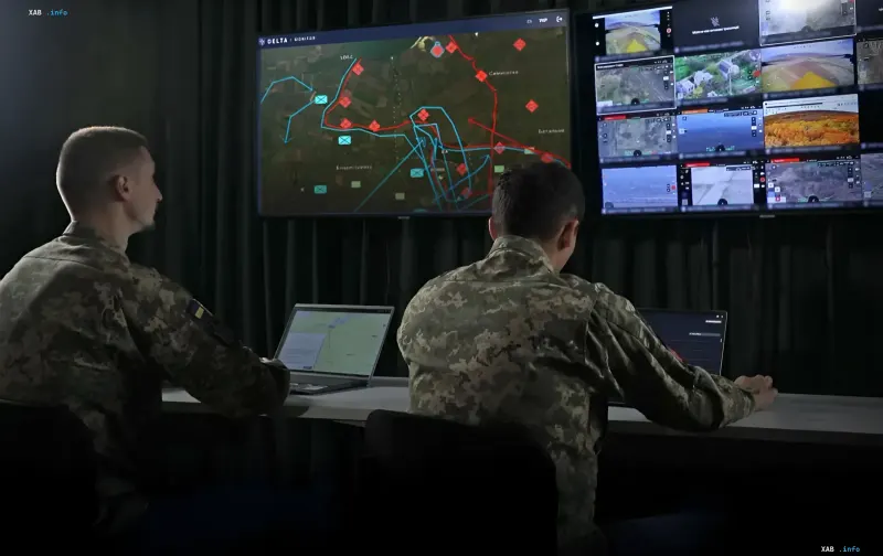 Украинские военные операторы работают за компьютерами в комнате управления боевой системы DELTA