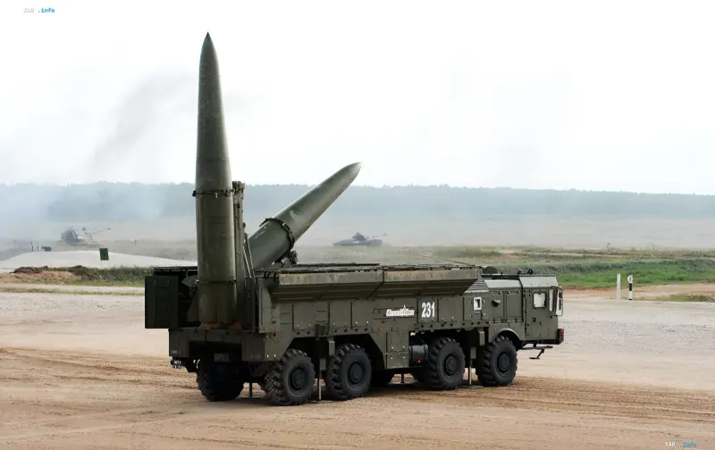 Russian mobile launcher with ballistic missiles at a training ground during military exercises