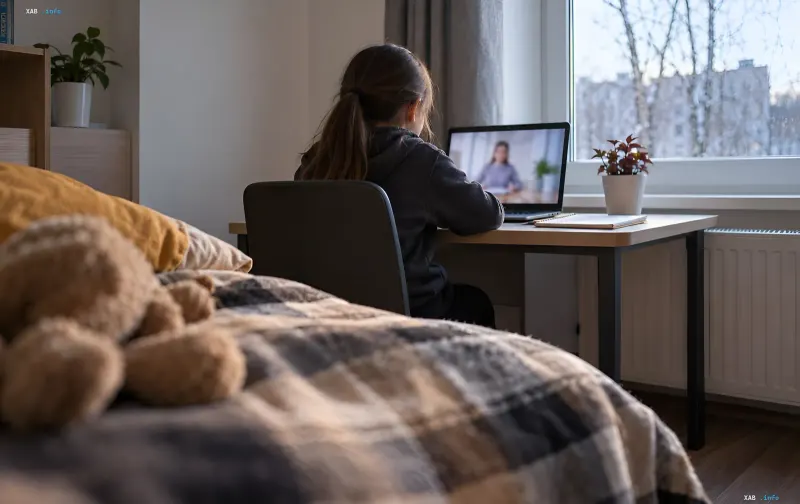 A child sits at a desk and studies on a laptop in a room by the window