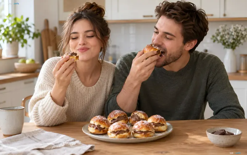 Ein Mann und eine Frau probieren mit Appetit hausgemachte Quarkkaestchen mit Schokoladencreme in einer gemuetlichen, hellen Kuche