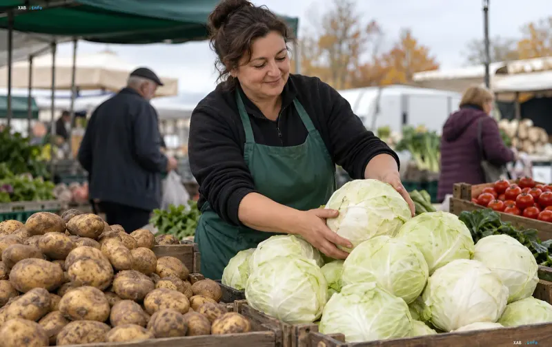 Marktverkäuferin sortiert Kohlköpfe zwischen Kisten voller Gemüse und Kartoffeln