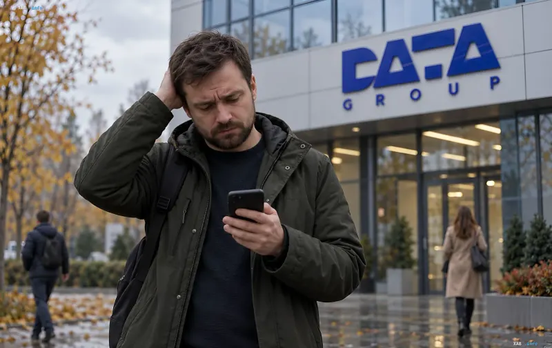 Мужчина в куртке растерянно держится за голову со смартфоном на фоне здания дата-центра Датагруп