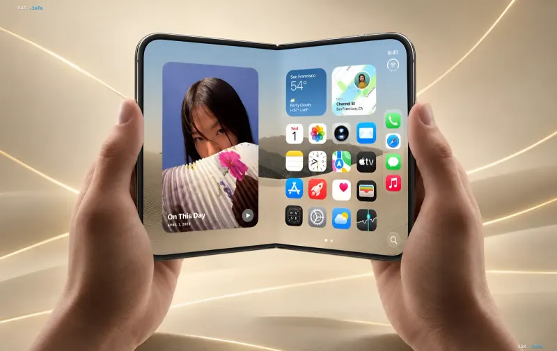Руки держат раскрытый складной смартфон Apple iPhone Duo с дисплеем и иконками приложений
