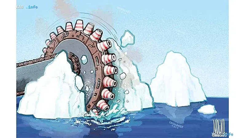 Карикатура: гигантская пила с дымовыми трубами разрезает айсберг в океане