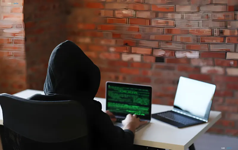 A hacker in a black hooded sweatshirt types on two laptops in a room with a red brick wall