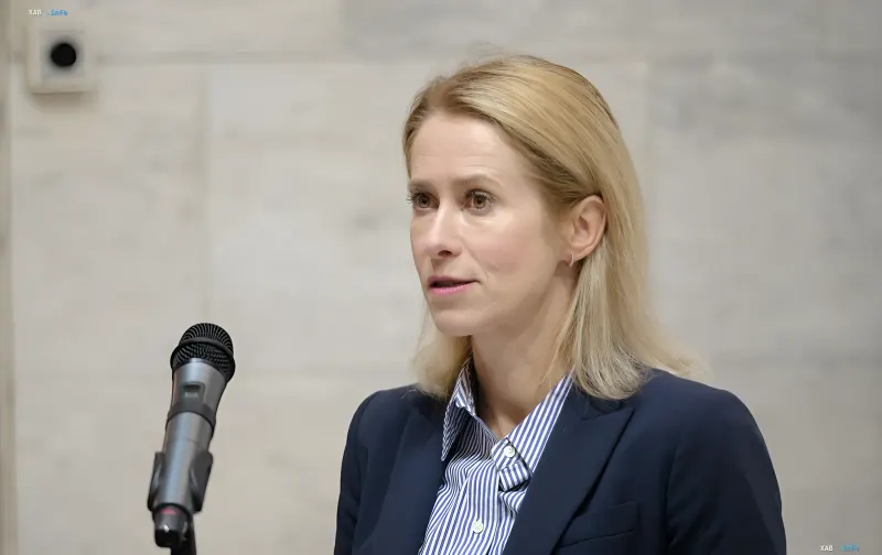 Kaja Kallas speaking at a microphone during political debates in the European Parliament