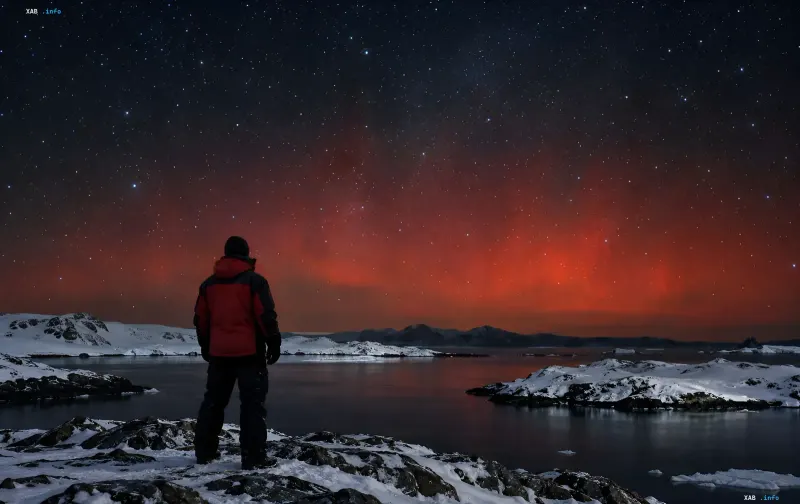 A polar researcher in a jacket looks at the night sky with a red aurora and stars over the snowy mountains of Antarctica.