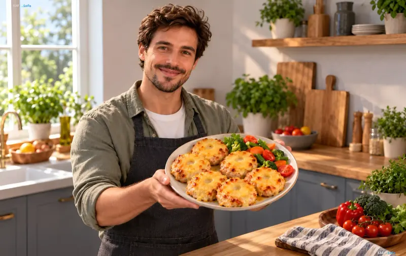 Ein Mann in einer Schuerze haelt einen Teller mit zubereiteten Haehnchenpatties mit Ananas und Kase in einer hellen Kueche