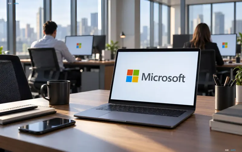 Ноутбук с логотипом Microsoft на фоне офиса и сотрудников в бизнес-центре