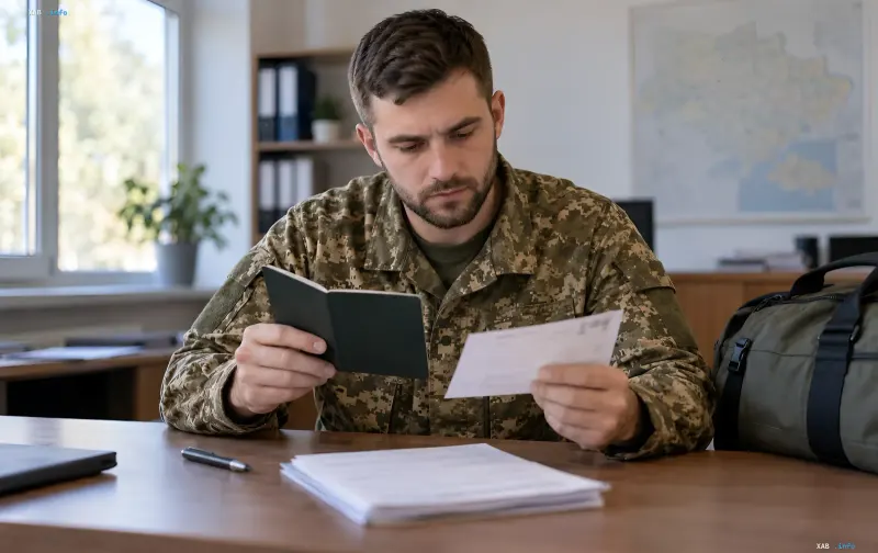 Ukrainian serviceman in camouflage uniform sitting at a desk and reviewing a leave ticket and documents