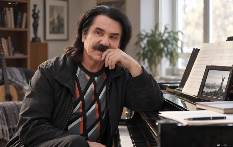 Der ukrainische Sänger Pawlo Zibrow sitzt an einem schwarzen Klavier in einem hellen Zimmer