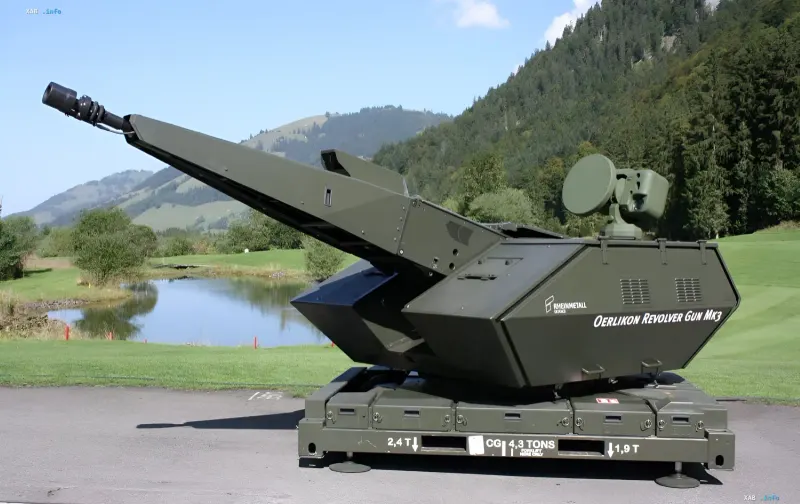 Automatische Flugabwehrkanone Oerlikon Revolver Gun Mk3 von Rheinmetall im Freien