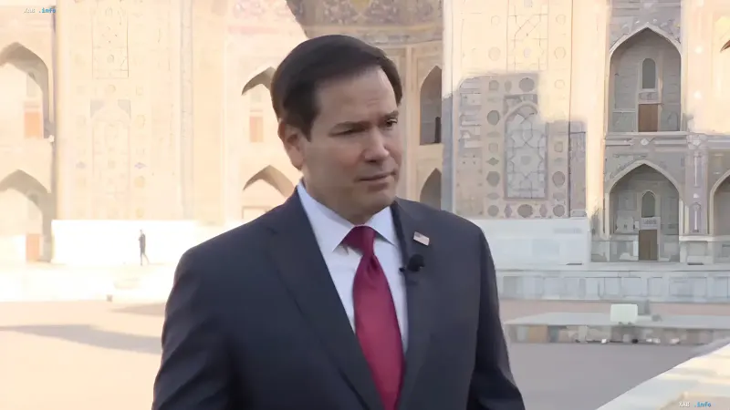 US Secretary of State Marco Rubio gives an interview against the backdrop of ancient architectural structures
