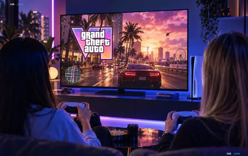 Zwei Frauen spielen PlayStation 5 auf einem großen Bildschirm mit laufendem Grand Theft Auto