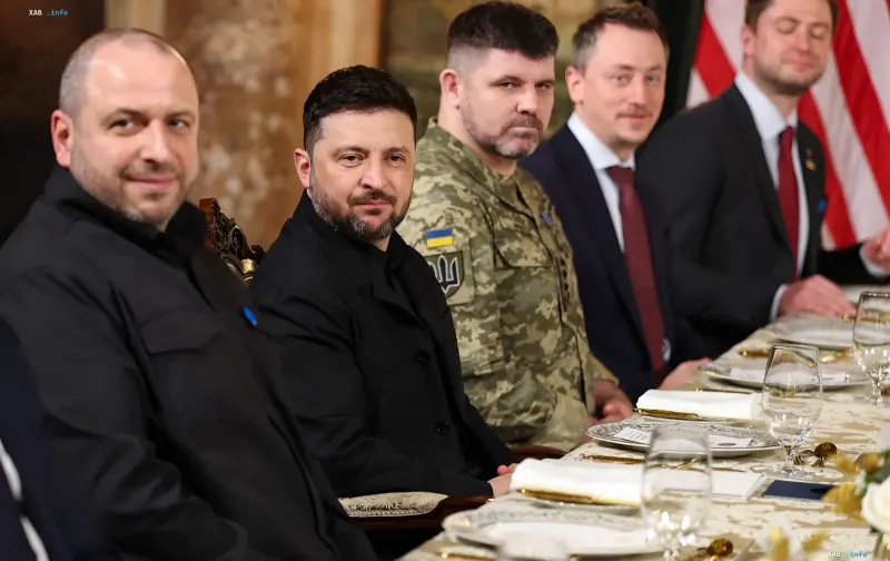 Ukrainian President Volodymyr Zelenskyy and members of the Ukrainian delegation at a formal table during talks in Oslo