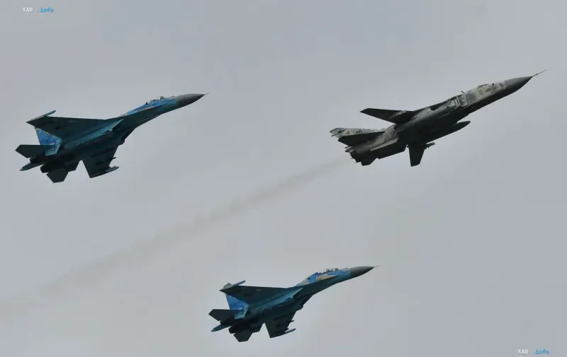 Military fighter jets of the Ukrainian Air Forces flying in the sky in combat readiness