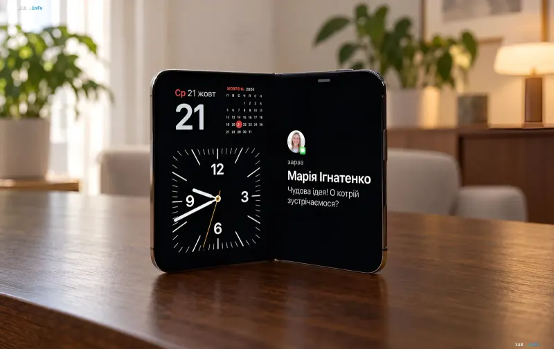 Foldable iPhone Duo smartphone with an open screen on a wooden table indoors