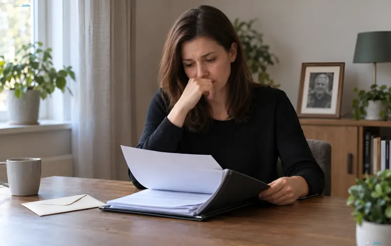 A woman sits at a wooden table in a room, carefully examining official documents in a folder