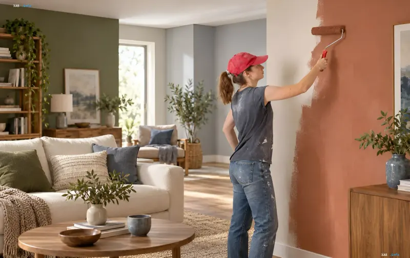Woman in a baseball cap painting a wall in a living room with a modern natural interior palette