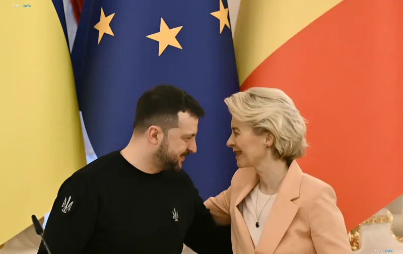 Ukrainian President Volodymyr Zelenskyy and European Commission President Ursula von der Leyen meeting against the background of EU and Ukrainian flags
