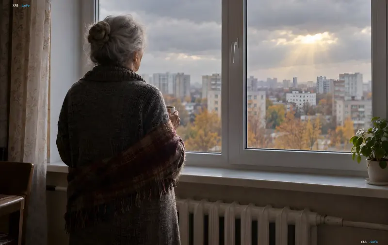 Elderly woman looking out apartment window at autumn city during heating season