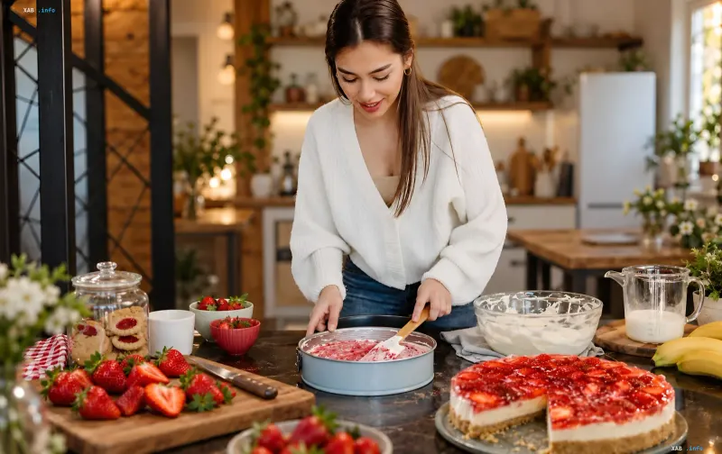 A woman making a strawberry cheesecake in the kitchen with fresh berries and cookies nearby