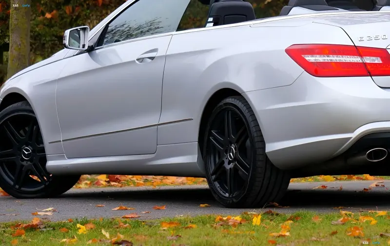 Silver Mercedes convertible on a road with autumn leaves close up