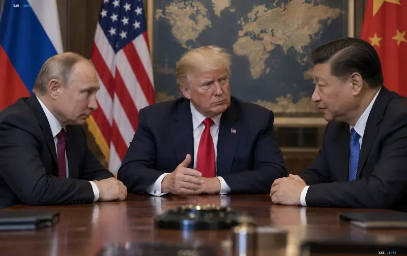 Володимир Путін, Дональд Трамп та Сі Цзіньпін сидять за дерев'яним столом на тлі державних прапорів і карти світу