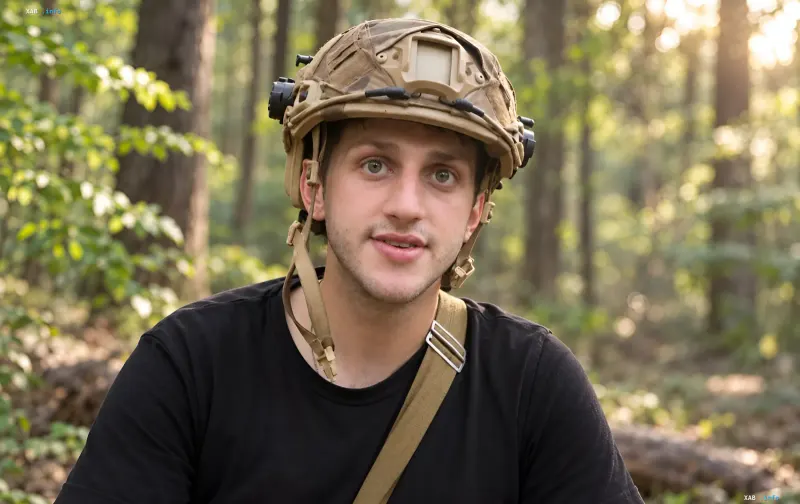 Viktor Perekhrest in a military helmet in the forest at the front during service