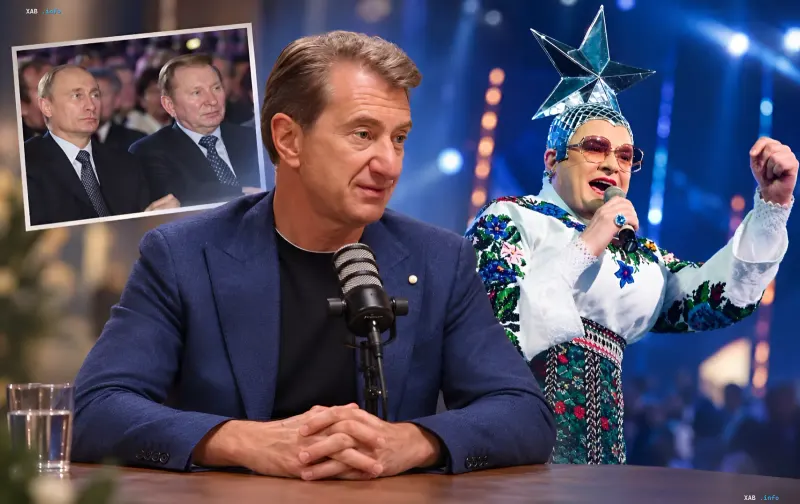 Producer Yuriy Nikitin during a studio interview next to Verka Serduchka and an archival photo of Putin with Kuchma.