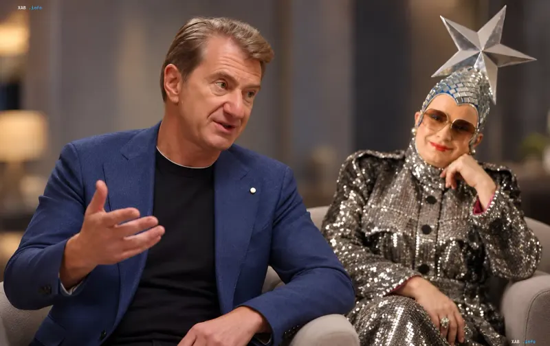 Producer Yuriy Nikitin and the artist as Verka Serduchka in the studio during an interview