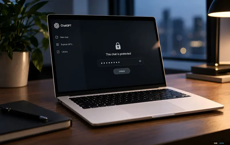 Laptop on a wooden desk displaying the Locked chats security screen in ChatGPT