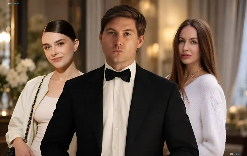 Volodymyr Ostapchuk in a tuxedo with a bow tie standing with two women at an event.