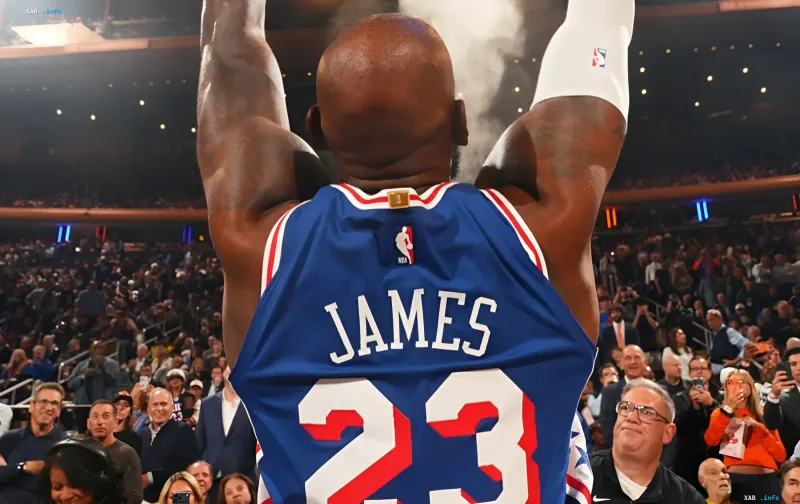 LeBron James in a Philadelphia jersey from behind during an NBA game