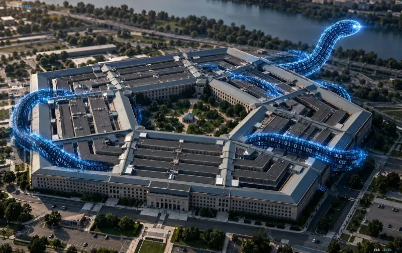Aerial view of the Pentagon building with a digital glowing cybernetic snake overlaying the complex