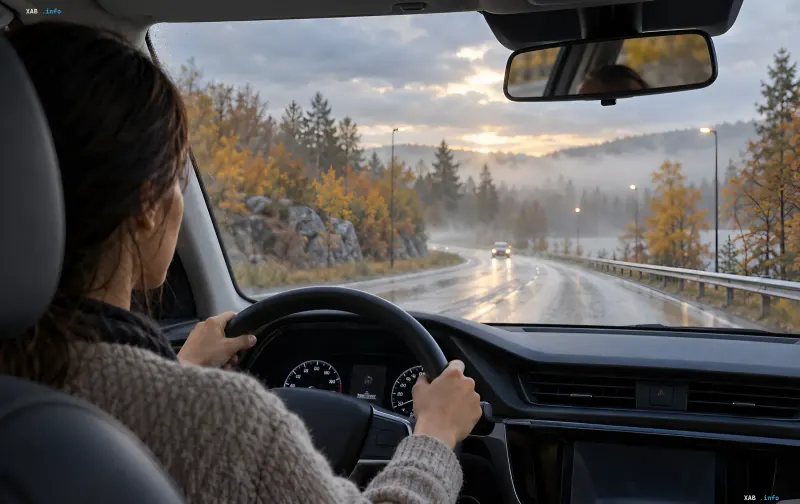 Woman driving a car on a wet autumn road in the fog