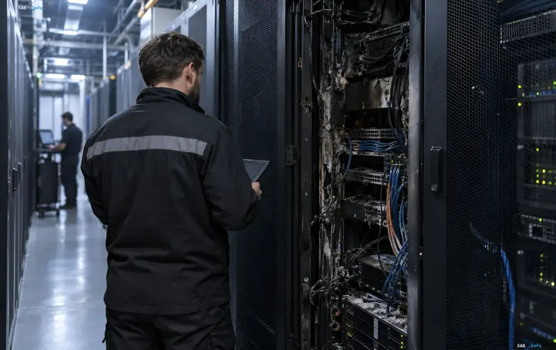 Engineer with tablet inspecting damaged server racks in data center after attack